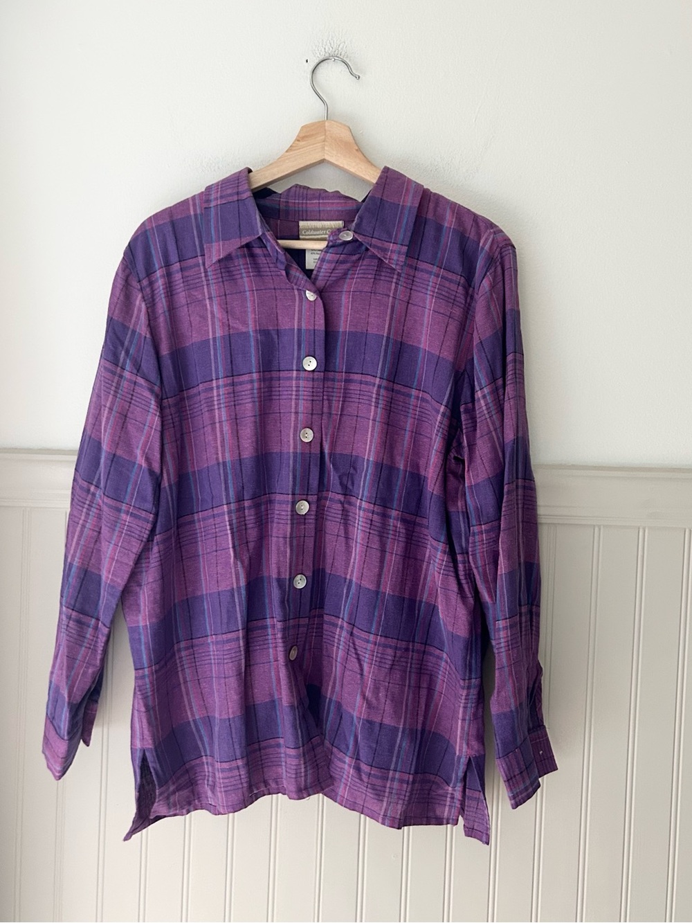 Coldwater Creek Vintage 90s MP Purple Plaid Button Down Shirt Linen Rayon Petite